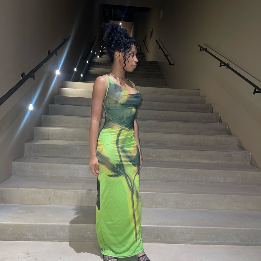 Neon Green Abstract Print Maxi Dress with Scoop Neck